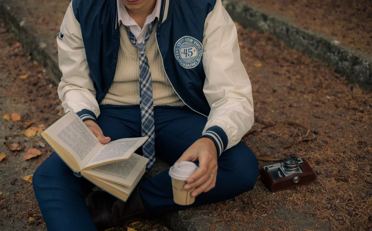 Dark academia aesthetic outfit with a tailored blazer in an autumnal library setting