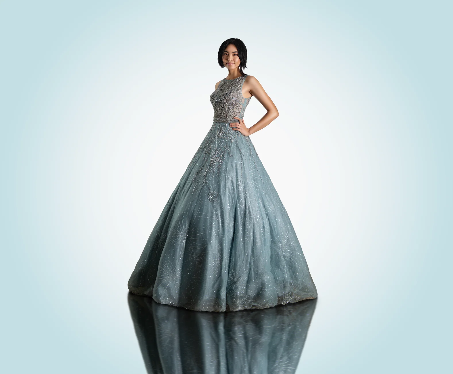Woman in a floor-length evening gown dressed for a black-tie wedding